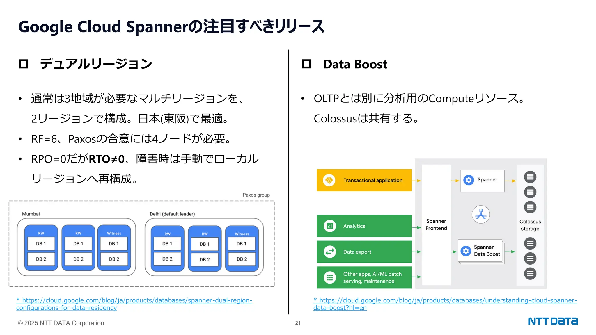 © 2025 NTT DATA Corporation 21
Google Cloud Spannerの注目すべきリリース
 デュアルリージョン
• 通常は3地域が必要なマルチリージョンを、
2リージョンで構成。日本(東阪)で最適。
• RF=6、Paxosの合意には4ノードが必要。
• RPO=0だがRTO≠0、障害時は手動でローカル
リージョンへ再構成。
 Data Boost
• OLTPとは別に分析用のComputeリソース。
Colossusは共有する。
* https://cloud.google.com/blog/ja/products/databases/spanner-dual-region-
configurations-for-data-residency
* https://cloud.google.com/blog/ja/products/databases/understanding-cloud-spanner-
data-boost?hl=en
 