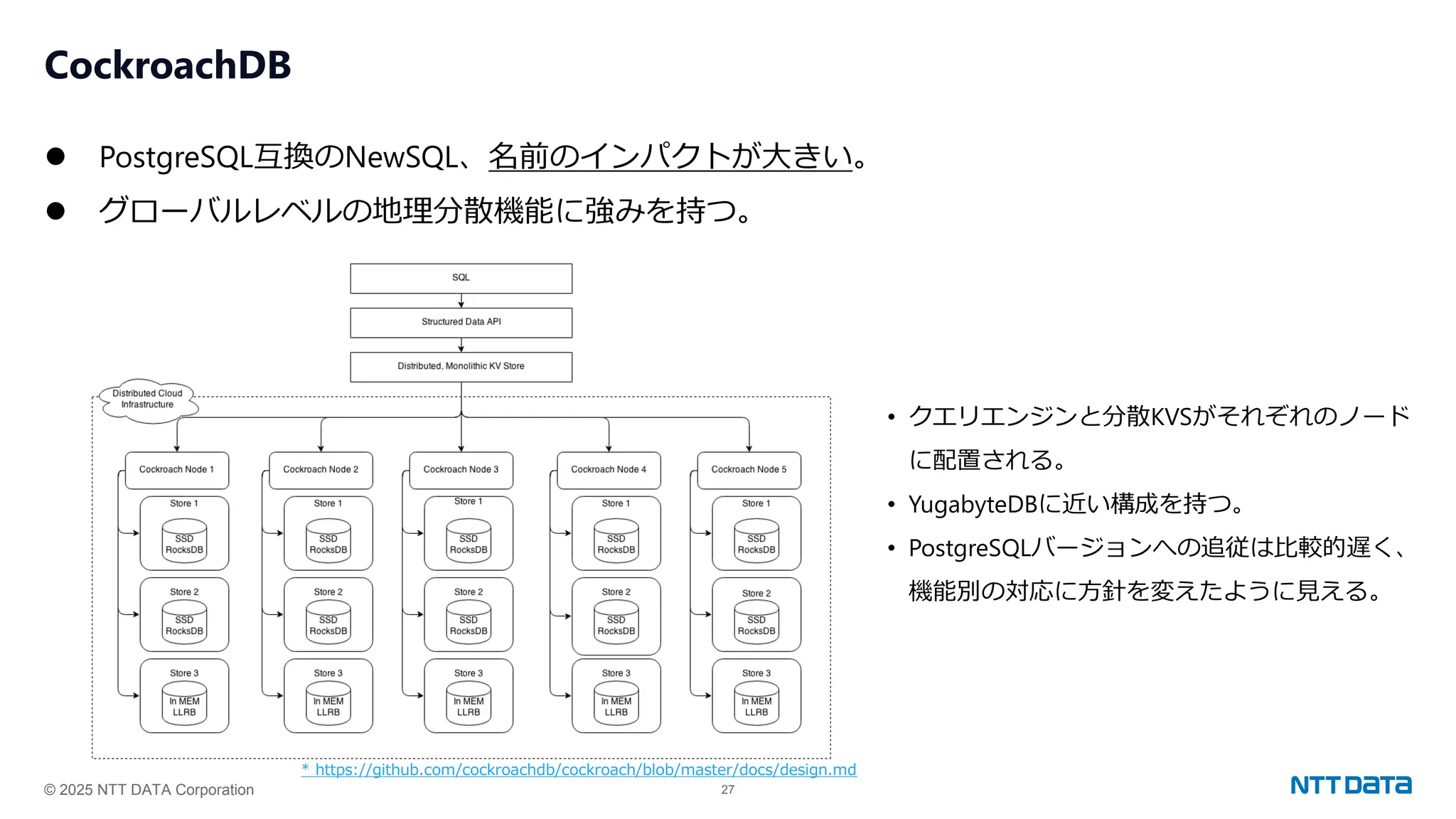 © 2025 NTT DATA Corporation 27
CockroachDB
⚫ PostgreSQL互換のNewSQL、名前のインパクトが大きい。
⚫ グローバルレベルの地理分散機能に強みを持つ。
* https://github.com/cockroachdb/cockroach/blob/master/docs/design.md
• クエリエンジンと分散KVSがそれぞれのノード
に配置される。
• YugabyteDBに近い構成を持つ。
• PostgreSQLバージョンへの追従は比較的遅く、
機能別の対応に方針を変えたように見える。
 