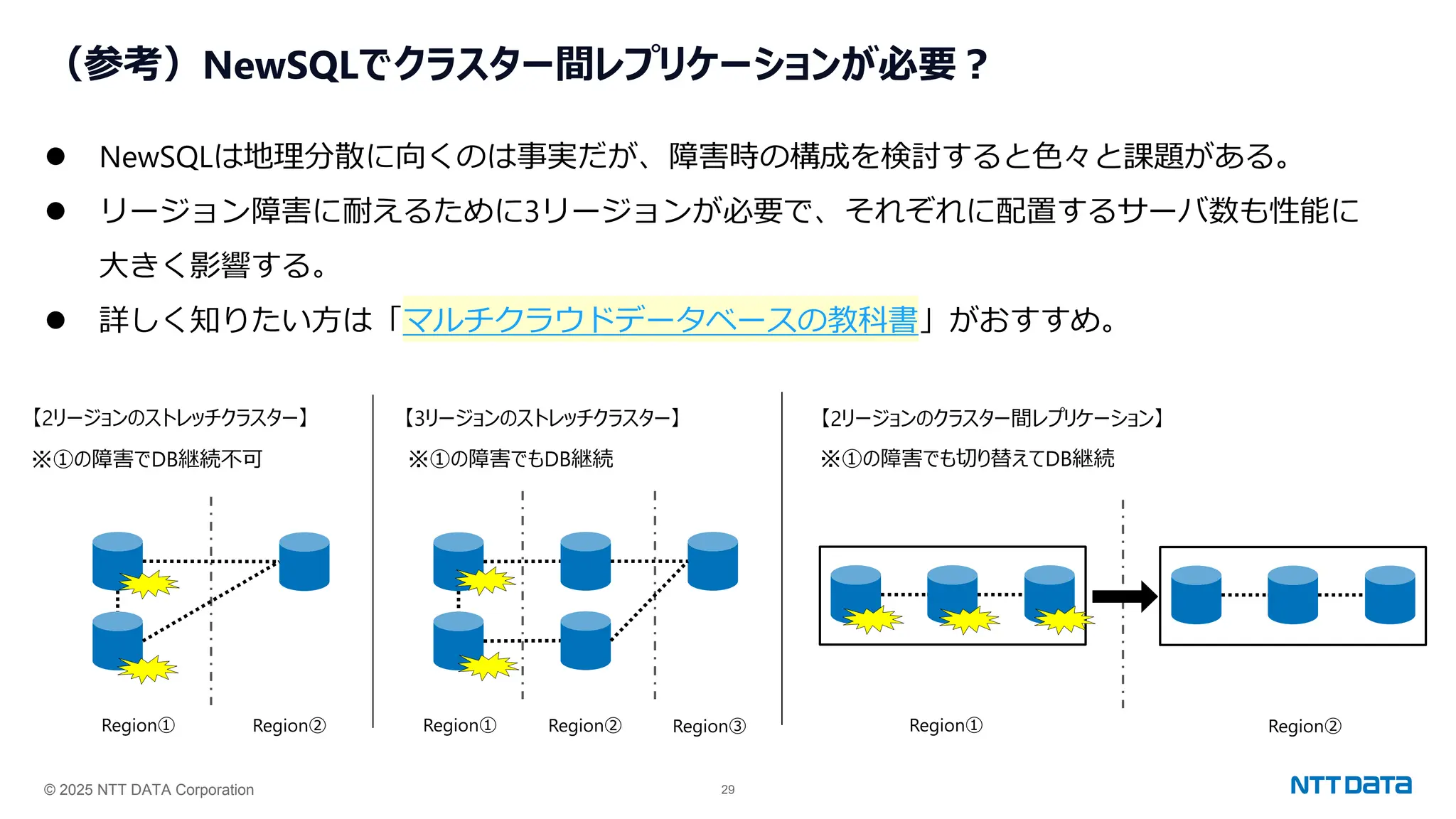 © 2025 NTT DATA Corporation 29
（参考）NewSQLでクラスター間レプリケーションが必要？
⚫ NewSQLは地理分散に向くのは事実だが、障害時の構成を検討すると色々と課題がある。
⚫ リージョン障害に耐えるために3リージョンが必要で、それぞれに配置するサーバ数も性能に
大きく影響する。
⚫ 詳しく知りたい方は「マルチクラウドデータベースの教科書」がおすすめ。
Region① Region② Region① Region② Region③
【2リージョンのストレッチクラスター】 【3リージョンのストレッチクラスター】
Region① Region②
※①の障害でDB継続不可 ※①の障害でもDB継続
【2リージョンのクラスター間レプリケーション】
※①の障害でも切り替えてDB継続
 