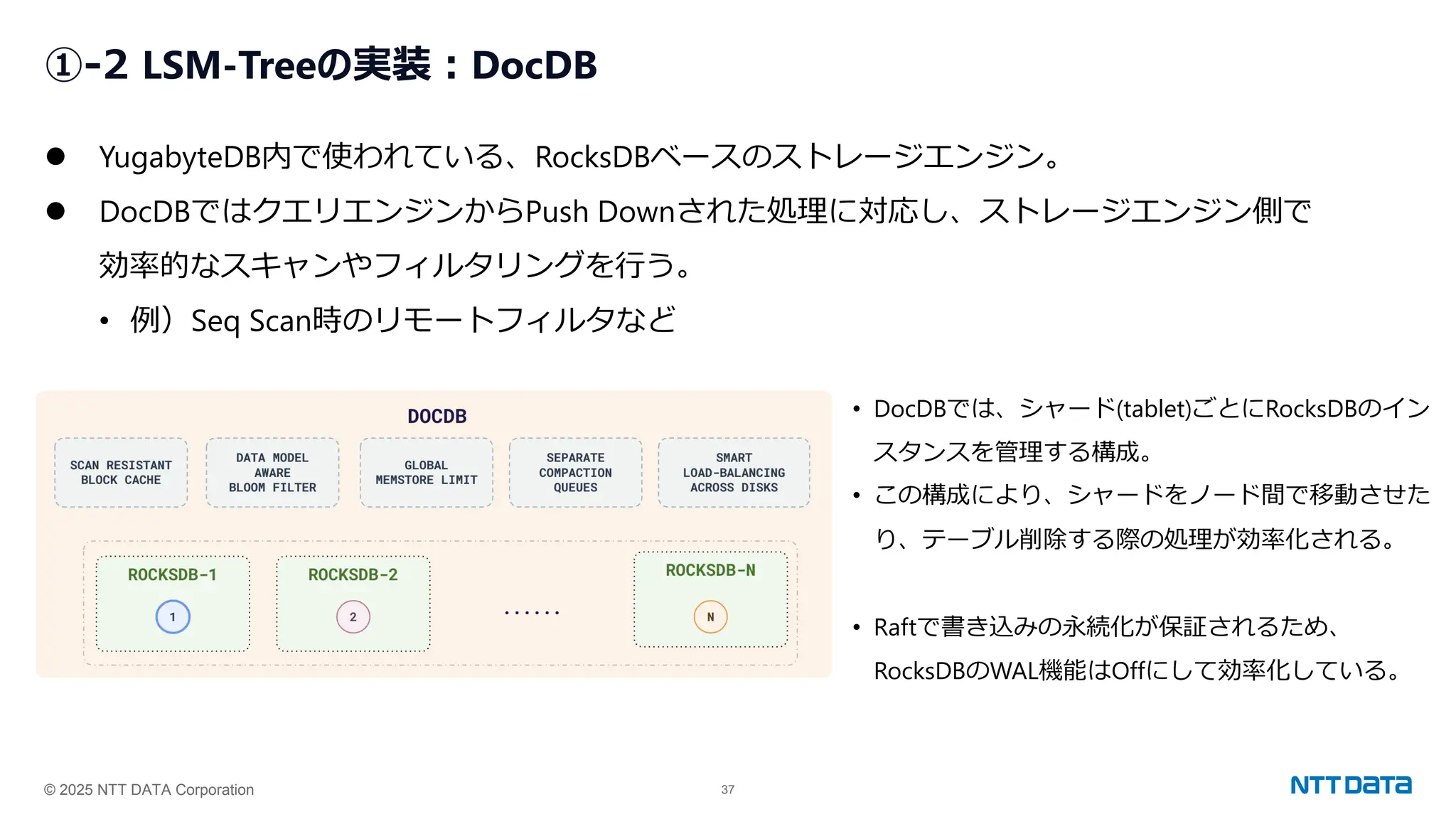 © 2025 NTT DATA Corporation 37
①-2 LSM-Treeの実装：DocDB
⚫ YugabyteDB内で使われている、RocksDBベースのストレージエンジン。
⚫ DocDBではクエリエンジンからPush Downされた処理に対応し、ストレージエンジン側で
効率的なスキャンやフィルタリングを行う。
• 例）Seq Scan時のリモートフィルタなど
• DocDBでは、シャード(tablet)ごとにRocksDBのイン
スタンスを管理する構成。
• この構成により、シャードをノード間で移動させた
り、テーブル削除する際の処理が効率化される。
• Raftで書き込みの永続化が保証されるため、
RocksDBのWAL機能はOffにして効率化している。
 