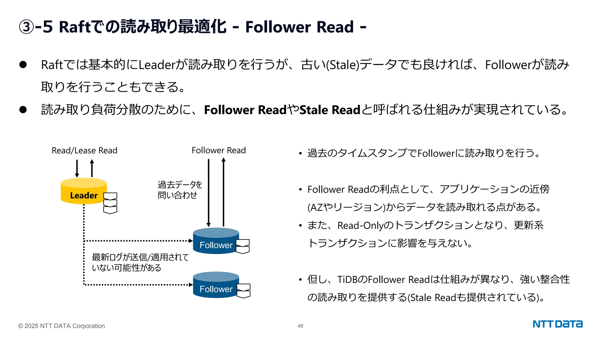 © 2025 NTT DATA Corporation 48
③-5 Raftでの読み取り最適化 - Follower Read -
⚫ Raftでは基本的にLeaderが読み取りを行うが、古い(Stale)データでも良ければ、Followerが読み
取りを行うこともできる。
⚫ 読み取り負荷分散のために、Follower ReadやStale Readと呼ばれる仕組みが実現されている。
Leader
Follower
Follower
過去データを
問い合わせ
Follower Read
Read/Lease Read
最新ログが送信/適用されて
いない可能性がある
• 過去のタイムスタンプでFollowerに読み取りを行う。
• Follower Readの利点として、アプリケーションの近傍
(AZやリージョン)からデータを読み取れる点がある。
• また、Read-Onlyのトランザクションとなり、更新系
トランザクションに影響を与えない。
• 但し、TiDBのFollower Readは仕組みが異なり、強い整合性
の読み取りを提供する(Stale Readも提供されている)。
 