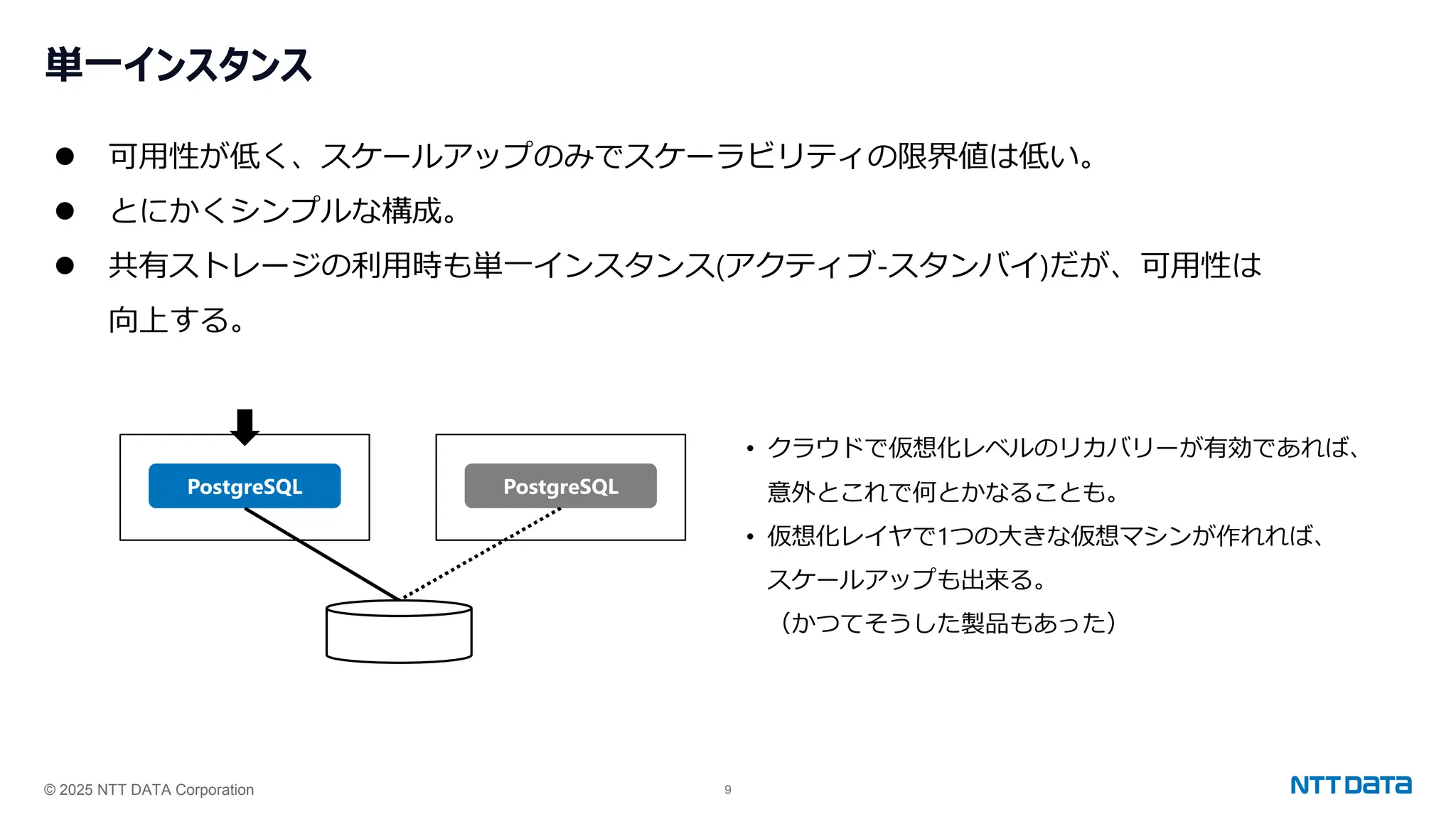 © 2025 NTT DATA Corporation 9
単一インスタンス
⚫ 可用性が低く、スケールアップのみでスケーラビリティの限界値は低い。
⚫ とにかくシンプルな構成。
⚫ 共有ストレージの利用時も単一インスタンス(アクティブ‐スタンバイ)だが、可用性は
向上する。
PostgreSQL PostgreSQL
• クラウドで仮想化レベルのリカバリーが有効であれば、
意外とこれで何とかなることも。
• 仮想化レイヤで1つの大きな仮想マシンが作れれば、
スケールアップも出来る。
（かつてそうした製品もあった）
 