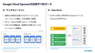 © 2025 NTT DATA Corporation 21
Google Cloud Spannerの注目すべきリリース
 デュアルリージョン
• 通常は3地域が必要なマルチリージョンを、
2リージョンで構成。日本(東阪)で最適。
• RF=6、Paxosの合意には4ノードが必要。
• RPO=0だがRTO≠0、障害時は手動でローカル
リージョンへ再構成。
 Data Boost
• OLTPとは別に分析用のComputeリソース。
Colossusは共有する。
* https://cloud.google.com/blog/ja/products/databases/spanner-dual-region-
configurations-for-data-residency
* https://cloud.google.com/blog/ja/products/databases/understanding-cloud-spanner-
data-boost?hl=en
 