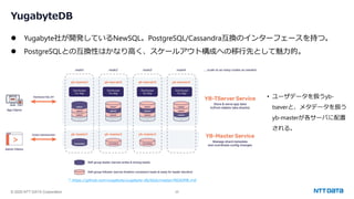 © 2025 NTT DATA Corporation 25
YugabyteDB
⚫ Yugabyte社が開発しているNewSQL。PostgreSQL/Cassandra互換のインターフェースを持つ。
⚫ PostgreSQLとの互換性はかなり高く、スケールアウト構成への移行先として魅力的。
* https://github.com/yugabyte/yugabyte-db/blob/master/README.md
• ユーザデータを扱うyb-
tseverと、メタデータを扱う
yb-masterが各サーバに配置
される。
 