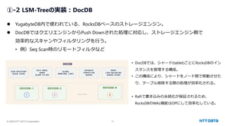 © 2025 NTT DATA Corporation 37
①-2 LSM-Treeの実装：DocDB
⚫ YugabyteDB内で使われている、RocksDBベースのストレージエンジン。
⚫ DocDBではクエリエンジンからPush Downされた処理に対応し、ストレージエンジン側で
効率的なスキャンやフィルタリングを行う。
• 例）Seq Scan時のリモートフィルタなど
• DocDBでは、シャード(tablet)ごとにRocksDBのイン
スタンスを管理する構成。
• この構成により、シャードをノード間で移動させた
り、テーブル削除する際の処理が効率化される。
• Raftで書き込みの永続化が保証されるため、
RocksDBのWAL機能はOffにして効率化している。
 