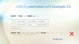 CHECK constraints 6/6 Example 3.2
INSERT INTO tst2 (id, start_date) VALUES (2, '2019-06-01');
/* Query OK, 1 row affected */
SELECT * FROM tst2 WHERE id = 1;
+----+------------+----------+------------+
| id | start_date | end_date | created |
+----+------------+----------+------------+
| 1 | 2019-06-07 | NULL | 2019-06-07 |
+----+------------+----------+------------+
1 row in set
See bug #95192
 