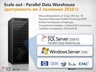 Scale out : Parallel Data Warehouse
(доступность во 2 половине 2010 г)
               •   Масштабируемость от 10 до 100-тен TB
               •   Принцип Massively Parallel Processing (MPP)
               •   Выбор поставщика аппаратуры
               •   Стандартные серверы с невысокой стоимостью
               •   Глубокая интеграция с Microsoft BI
 