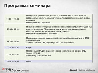 Программа семинара

                 Платформа управления данными Microsoft SQL Server 2008 R2 –
                 готовность к критическим нагрузкам. Представление новой версии
10:00 — 10:50
                 продукта
                 Олег Буравцов, Microsoft

                 Новые возможности решений бизнес анализа на SQL Server 2008 R2:
 10:50 – 11:20   самостоятельные BI решения, аналитика в реальном времени,
                 богатые возможности визуализации данных,
                 Максим Войцеховский, Microsoft

                 Пример построения комплексной системы бизнес-анализа в ОАО
                 «Меткомбанк»
 11:20 – 12:00
                 Андрей Понкин, ИТ Директор, ОАО «Меткомбанк»

12:00 — 12:30    Кофе
                 Платформы HP для решений бизнес-аналитики на основе SQL
                 Server 2008 R2
12:30 — 13:30
                 Александр Светлаков, HP


13:30 — 14:30    Обед
 