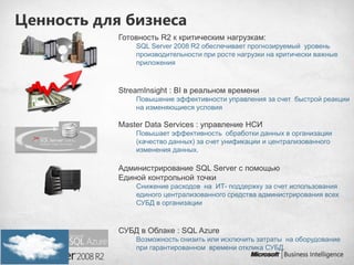 Ценность для бизнеса
              SQL Server 2008 R2 обеспечивает прогнозируемый уровень
              производительности при росте нагрузки на критически важные
              приложения




              Повышение эффективности управления за счет быстрой реакции
              на изменяющиеся условия


              Повышает эффективность обработки данных в организации
              (качество данных) за счет унификации и централизованного
              изменения данных.




              Снижение расходов на ИТ- поддержку за счет использования
              единого централизованного средства администрирования всех
              СУБД в организации




              Возможность снизить или исключить затраты на оборудование
              при гарантированном времени отклика СУБД.
 