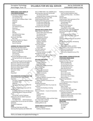 Encryption Technology
Karve Nagar, Pune -52
SYLLABUS FOR MS SQL SERVER .Net by SHASHANK SIR
02065000957/8087155500
Visit us at www.encryptiontechnology.in
RDBMS BASICS: WHAT MAKES UP
A SQL SERVER DATABASE?
An Overview of Database Objects
The Database Object
The Transaction Log
The Most Basic Database Object: Table
Filegroups
Diagrams
Views
Stored Procedures
User-Defined Functions
Sequences
Users and Roles
Rules
Defaults
User-Defined Data Types
Full-Text Catalogs
SQL Server Data Types
NULL Data
SQL Server Identifiers for Objects
What Gets Named?
Rules for Naming
LEARNING THE TOOLS OF THE TRADE
Getting Help with Books Online
SQL Server Configuration Manager
Service Management
Network Configuration
The Protocols
On to the Client
SQL Server Management Studio
Getting Started with the Management
Studio
Interacting Through the Query Window
SQL Server Data Tools (formerly BIDS)
SQL Server Integration Services (SSIS)
SQL Server Reporting Services (SSRS)
SQL Server Analysis Services (SSAS)
Bulk Copy Program (BCP)
SQL Server Profiler
sqlcmd
PowerShell
THE FOUNDATION STATEMENTS OF T-SQL
Getting Started with a Basic SELECT
Statement
The SELECT Statement and FROM Clause
The WHERE Clause
ORDER BY
Aggregating Data Using the GROUP BY
Clause
Placing Conditions on Groups with the
HAVING Clause
Outputting XML Using the FOR XML Clause
Making Use of Hints Using the OPTION
Clause
The DISTINCT and ALL Predicates
Adding Data with the INSERT Statement
Multirow Inserts
The INSERT INTO . . . SELECT Statement
Changing What You’ve Got with the UPDATE
Statement
The DELETE Statement
JOINS
Combining Table Data with JOINs
Selecting Matching Rows with INNER JOIN
How an INNER JOIN Is Like a WHERE Clause
Retrieving More Data with OUTER JOIN
The Simple OUTER JOIN
Dealing with More Complex OUTER JOINs
Seeing Both Sides with FULL JOINs
Understanding CROSS JOINs
Exploring Alternative Syntax for Joins
An Alternative INNER JOIN
An Alternative OUTER JOIN
An Alternative CROSS JOIN
Stacking Results with UNION
CREATING AND ALTERING TABLES
Object Names in SQL Server
Schema Name (aka Ownership)
The Database Name
Naming by Server
Reviewing the Defaults
The CREATE Statement
CREATE DATABASE
Building a Database
CREATE TABLE
The ALTER Statement
ALTER DATABASE
ALTER TABLE
The DROP Statement
Using the GUI Tool
Creating a Database Using the
Management Studio
Backing into the Code: Creating Scripts
with the Management Studio
KEYS AND CONSTRAINTS
Types of Constraints
Domain Constraints
Entity Constraints
Referential Integrity Constraints
Constraint Naming
Key Constraints
Primary Key Constraints
Foreign Key Constraints
UNIQUE Constraints
CHECK Constraints
DEFAULT Constraints
Defining a DEFAULT Constraint in Your
CREATE TABLE Statement
Adding a DEFAULT Constraint to an
Existing Table
Disabling Constraints
Ignoring Bad Data When You Create the
Constraint
Temporarily Disabling an Existing
Constraint
Rules and Defaults — Cousins of Constraints
Rules
Dropping Rules
Defaults
Dropping Defaults
Determining Which Tables and Data Types
Use a Given Rule or Default
Triggers for Data Integrity
Choosing What to Use
ADDING MORE TO YOUR QUERIES
What Is a Subquery?
Building a Nested Subquery
Building Correlated Subqueries
How Correlated Subqueries Work
Dealing with NULL Data — the ISNULL
Function
Derived Tables
Using Common Table Expressions (CTEs)
Using the WITH Keyword
Using Multiple CTEs
Recursive CTEs
Using the EXISTS Operator
Filtering with EXISTS
Using EXISTS in Other Ways
Mixing Data Types: CAST and CONVERT
Synchronizing Data with the MERGE
Command
The Merge Command in Action
A Brief Look at BY TARGET versus BY
SOURCE
Gathering Affected Rows with the OUTPUT
Clause
Through the Looking Glass: Windowing
Functions
ROW_NUMBER
RANK, DENSE_RANK, and NTILE
One Chunk at a Time: Ad Hoc Query Paging
Performance Considerations
Measuring Performance
JOINs versus Subqueries versus CTEs
versus
BEING NORMAL: NORMALIZATION AND
OTHER BASIC DESIGN ISSUES
Understanding Tables
Keeping Your Data “Normal”
Before the Beginning
The First Normal Form
The Second Normal Form
The Third Normal Form
Other Normal Forms
Understanding Relationships
One-to-One
Zero or One-to-One
One-to-One or Many
One-to-Zero, One, or Many
Many-to-Many
Diagramming Databases
Tables
Creating Relationships in Diagrams
Denormalization
Beyond Normalization
Keep It Simple
Choosing Data Types
Err on the Side of Storing Things
Drawing Up a Quick Example
Creating the Database
Adding the Diagram and the Initial Tables
Adding the Relationships
Adding Some Constraints
SQL SERVER STORAGE AND INDEX
STRUCTURES
SQL Server Storage
The Database
The Extent
The Page
Rows
 