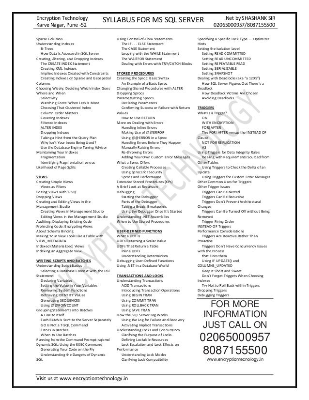 Free Sql Server Syllabus