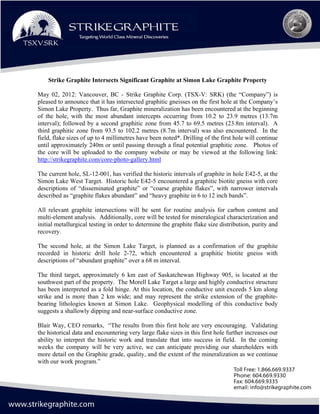 Strike Graphite Intersects Significant Graphite at Simon Lake Graphite Property

May 02, 2012: Vancouver, BC - Strike Graphite Corp. (TSX-V: SRK) (the “Company”) is
pleased to announce that it has intersected graphitic gneisses on the first hole at the Company’s
Simon Lake Property. Thus far, Graphite mineralization has been encountered at the beginning
of the hole, with the most abundant intercepts occurring from 10.2 to 23.9 metres (13.7m
interval); followed by a second graphitic zone from 45.7 to 69.5 metres (23.8m interval). A
third graphitic zone from 93.5 to 102.2 metres (8.7m interval) was also encountered. In the
field, flake sizes of up to 4 millimetres have been noted*. Drilling of the first hole will continue
until approximately 240m or until passing through a final potential graphitic zone. Photos of
the core will be uploaded to the company website or may be viewed at the following link:
http://strikegraphite.com/core-photo-gallery.html

The current hole, SL-12-001, has verified the historic intervals of graphite in hole E42-5, at the
Simon Lake West Target. Historic hole E42-5 encountered a graphitic biotite gneiss with core
descriptions of “disseminated graphite” or “coarse graphite flakes”, with narrower intervals
described as “graphite flakes abundant” and “heavy graphite in 6 to 12 inch bands”.

All relevant graphite intersections will be sent for routine analysis for carbon content and
multi-element analysis. Additionally, core will be tested for mineralogical characterization and
initial metallurgical testing in order to determine the graphite flake size distribution, purity and
recovery.

The second hole, at the Simon Lake Target, is planned as a confirmation of the graphite
recorded in historic drill hole 2-72, which encountered a graphitic biotite gneiss with
descriptions of “abundant graphite” over a 68 m interval.

The third target, approximately 6 km east of Saskatchewan Highway 905, is located at the
southwest part of the property. The Morell Lake Target a large and highly conductive structure
has been interpreted as a fold hinge. At this location, the conductive unit exceeds 5 km along
strike and is more than 2 km wide; and may represent the strike extension of the graphite-
bearing lithologies known at Simon Lake. Geophysical modelling of this conductive body
suggests a shallowly dipping and near-surface conductive zone.

Blair Way, CEO remarks, “The results from this first hole are very encouraging. Validating
the historical data and encountering very large flake sizes in this first hole further increases our
ability to interpret the historic work and translate that into success in field. In the coming
weeks the company will be very active, we can anticipate providing our shareholders with
more detail on the Graphite grade, quality, and the extent of the mineralization as we continue
with our work program.”
 