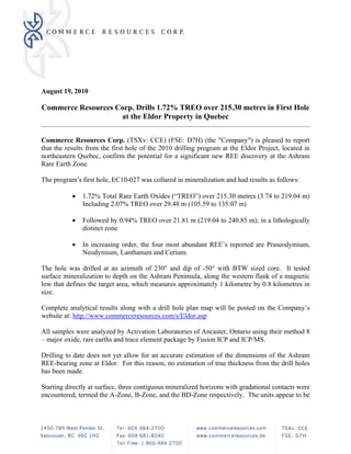 August 19, 2010

Commerce Resources Corp. Drills 1.72% TREO over 215.30 metres in First Hole
                    at the Eldor Property in Quebec
                                                                                                  
 
Commerce Resources Corp. (TSXv: CCE) (FSE: D7H) (the "Company") is pleased to report
that the results from the first hole of the 2010 drilling program at the Eldor Project, located in
northeastern Quebec, confirm the potential for a significant new REE discovery at the Ashram
Rare Earth Zone.

The program’s first hole, EC10-027 was collared in mineralization and had results as follows:

           •   1.72% Total Rare Earth Oxides (“TREO”) over 215.30 metres (3.74 to 219.04 m)
               Including 2.07% TREO over 29.48 m (105.59 to 135.07 m)

           •   Followed by 0.94% TREO over 21.81 m (219.04 to 240.85 m); in a lithologically
               distinct zone

           •   In increasing order, the four most abundant REE’s reported are Praseodymium,
               Neodymium, Lanthanum and Cerium.

The hole was drilled at an azimuth of 230° and dip of -50° with BTW sized core. It tested
surface mineralization to depth on the Ashram Peninsula, along the western flank of a magnetic
low that defines the target area, which measures approximately 1 kilometre by 0.8 kilometres in
size.

Complete analytical results along with a drill hole plan map will be posted on the Company’s
website at: http://www.commerceresources.com/s/Eldor.asp

All samples were analyzed by Activation Laboratories of Ancaster, Ontario using their method 8
– major oxide, rare earths and trace element package by Fusion ICP and ICP/MS.

Drilling to date does not yet allow for an accurate estimation of the dimensions of the Ashram
REE-bearing zone at Eldor. For this reason, no estimation of true thickness from the drill holes
has been made.

Starting directly at surface, three contiguous mineralized horizons with gradational contacts were
encountered, termed the A-Zone, B-Zone, and the BD-Zone respectively. The units appear to be
 