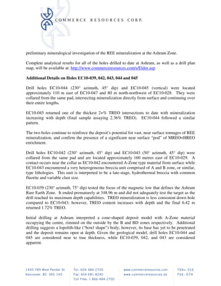 preliminary mineralogical investigation of the REE mineralization at the Ashram Zone.

Complete analytical results for all of the holes drilled to date at Ashram, as well as a drill plan
map, will be available at: http://www.commerceresources.com/s/Eldor.asp

Additional Details on Holes EC10-039, 042, 043, 044 and 045

Drill holes EC10-044 (230° azimuth, 45° dip) and EC10-045 (vertical) were located
approximately 110 m east of EC10-047 and 80 m north-northwest of EC10-028. They were
collared from the same pad, intersecting mineralization directly from surface and continuing over
their entire lengths.

EC10-045 returned one of the thickest 2+% TREO intersections to date with mineralization
increasing with depth (final sample assaying 2.36% TREO). EC10-044 followed a similar
pattern.

The two holes continue to reinforce the deposit’s potential for vast, near surface tonnages of REE
mineralization, and confirm the presence of a significant near surface “pod” of MREO+HREO
enrichment.

Drill holes EC10-042 (230° azimuth, 45° dip) and EC10-043 (50° azimuth, 45° dip) were
collared from the same pad and are located approximately 160 metres east of EC10-029. A
contact occurs near the collar as EC10-042 encountered A-Zone type material from surface while
EC10-043 encountered a very heterogeneous breccia unit comprised of A and B zone, or similar,
type lithologies. This unit is interpreted to be a late-stage, hydrothermal breccia with common
fluorite and variable clast size.

EC10-039 (230° azimuth, 75° dip) tested the focus of the magnetic low that defines the Ashram
Rare Earth Zone. It ended prematurely at 348.96 m and did not adequately test the target as the
drill reached its maximum depth capabilities. TREO mineralization is less consistent down hole
compared to EC10-043; however, TREO content increases with depth and the final 6.42 m
returned 1.72% TREO.

Initial drilling at Ashram interpreted a cone-shaped deposit model with A-Zone material
occupying the centre, rimmed on the outside by the B and BD zones respectively. Additional
drilling suggests a lopolith-like (“bowl shape”) body; however, its base has yet to be penetrated
and the deposit remains open at depth. Given the geological model, drill holes EC10-044 and
045 are considered near to true thickness, while EC10-039, 042, and 043 are considered
apparent.
 