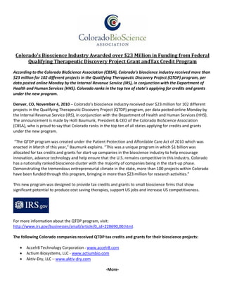  
Colorado’s Bioscience Industry Awarded over $23 Million in Funding from Federal 
Qualifying Therapeutic Discovery Project Grant andTax Credit Program  
According to the Colorado BioScience Association (CBSA), Colorado’s bioscience industry received more than 
$23 million for 102 different projects in the Qualifying Therapeutic Discovery Project (QTDP) program, per 
data posted online Monday by the Internal Revenue Service (IRS), in conjunction with the Department of 
Health and Human Services (HHS). Colorado ranks in the top ten of state’s applying for credits and grants 
under the new program. 
Denver, CO, November 4, 2010 – Colorado’s bioscience industry received over $23 million for 102 different 
projects in the Qualifying Therapeutic Discovery Project (QTDP) program, per data posted online Monday by 
the Internal Revenue Service (IRS), in conjunction with the Department of Health and Human Services (HHS). 
The announcement is made by Holli Baumunk, President & CEO of the Colorado BioScience Association 
(CBSA), who is proud to say that Colorado ranks in the top ten of all states applying for credits and grants 
under the new program.  
 “The QTDP program was created under the Patient Protection and Affordable Care Act of 2010 which was 
enacted in March of this year,” Baumunk explains. “This was a unique program in which $1 billion was 
allocated for tax credits and grants for start‐up companies in the bioscience industry to help encourage 
innovation, advance technology and help ensure that the U.S. remains competitive in this industry. Colorado 
has a nationally ranked bioscience cluster with the majority of companies being in the start‐up phase. 
Demonstrating the tremendous entrepreneurial climate in the state, more than 100 projects within Colorado 
have been funded through this program, bringing in more than $23 million for research activities.”   
This new program was designed to provide tax credits and grants to small bioscience firms that show 
significant potential to produce cost saving therapies, support US jobs and increase US competitiveness.  
 
For more information about the QTDP program, visit: 
http://www.irs.gov/businesses/small/article/0,,id=228690,00.html. 
The following Colorado companies received QTDP tax credits and grants for their bioscience projects: 
 Accelr8 Technology Corporation ‐ www.accelr8.com  
 Actium Biosystems, LLC ‐ www.actiumbio.com 
 Aktiv‐Dry, LLC – www.aktiv‐dry.com  
‐More‐ 
 
