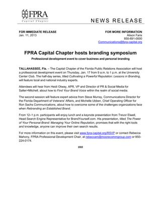 N E W S R E L E A S E
FOR IMMEDIATE RELEASE
Jan. 11, 2013
FOR MORE INFORMATION
Alison Faris
850-891-0000
Communications@fp...