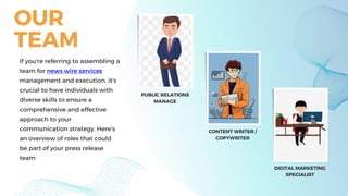 PUBLIC RELATIONS
MANAGE
CONTENT WRITER /
COPYWRITER
DIGITAL MARKETING
SPECIALIST
If you're referring to assembling a
team for news wire services
management and execution, it's
crucial to have individuals with
diverse skills to ensure a
comprehensive and effective
approach to your
communication strategy. Here's
an overview of roles that could
be part of your press release
team
OUR
TEAM
 