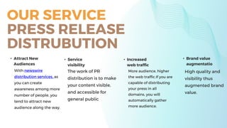 OUR SERVICE
PRESS RELEASE
DISTRUBUTION
• Attract New
Audiences
• Service
visibility
• Increased
web traffic
• Brand value
augmentatio
With newswire
distribution services, as
you can create
awareness among more
number of people, you
tend to attract new
audience along the way.
The work of PR
distribution is to make
your content visible,
and accessible for
general public
More audience, higher
the web traffic.If you are
capable of distributing
your press in all
domains, you will
automatically gather
more audience.
High quality and
visibility thus
augmented brand
value.
 