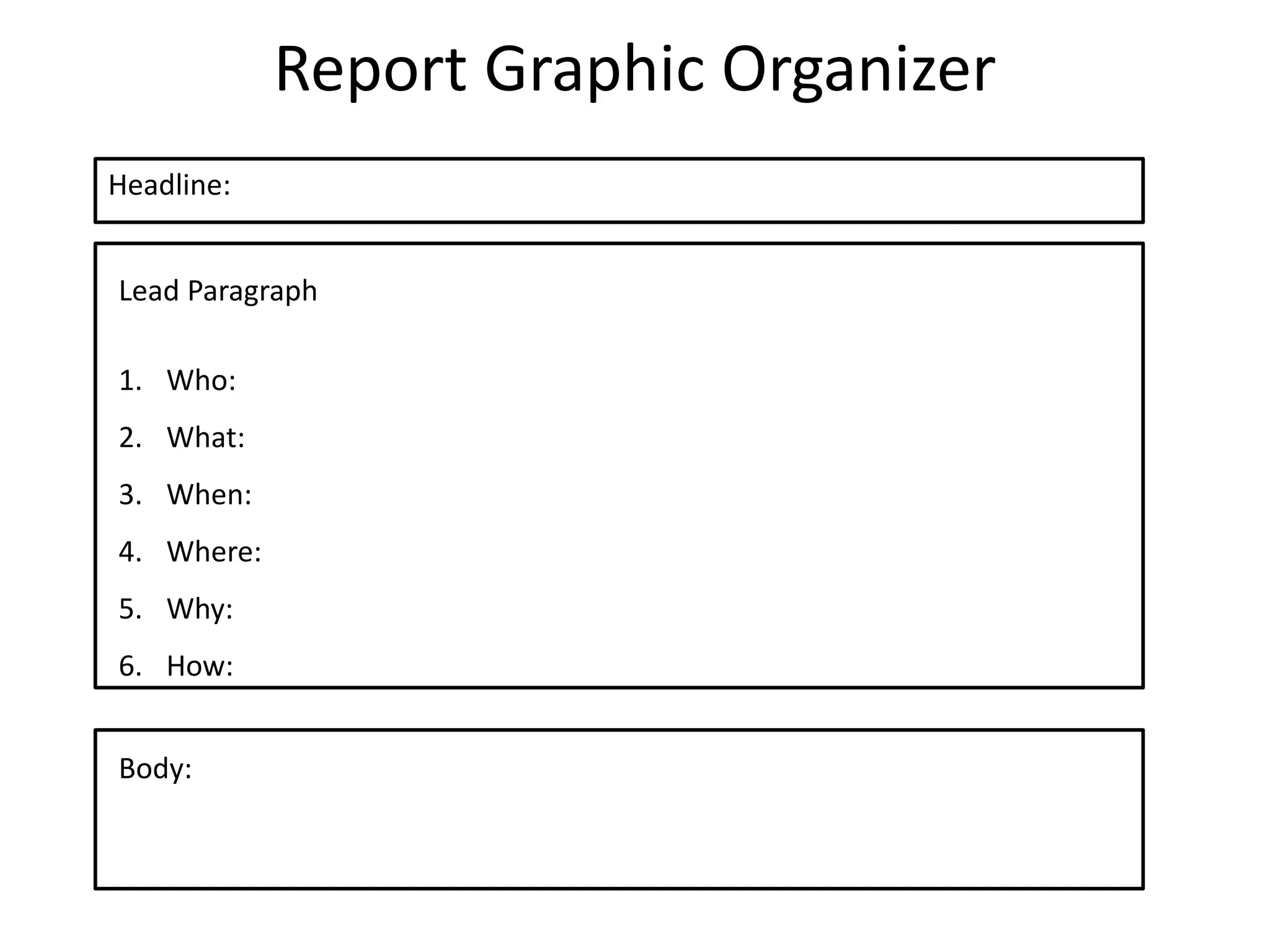 Report Graphic Organizer
Headline:
Lead Paragraph
1. Who:
2. What:
3. When:
4. Where:
5. Why:
6. How:
Body: