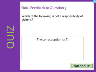 OBJECTIVES
What are Human
Rights?
How did human rights
come about?
What are the rights
and responsibilities of
citizens?
How are human rights
violated?
QUIZ
INTRODUCTION
Where can persons
get help when rights
are violated ?
X
CREDITS
Quiz: Feedback to Question 5
Which of the following is not a responsibility of
citizens?
26
The correct option is (A)
END OF QUIZEND OF QUIZ
 