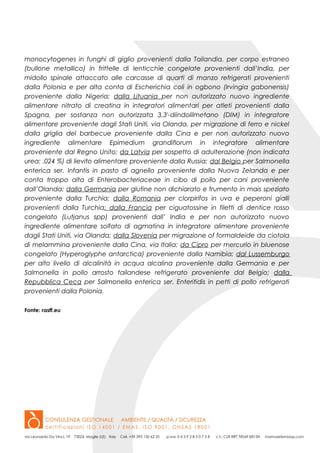 monocytogenes in funghi di giglio provenienti dalla Tailandia, per corpo estraneo
(bullone metallico) in frittelle di lenticchie congelate provenienti dall’India, per
midollo spinale attaccato alle carcasse di quarti di manzo refrigerati provenienti
dalla Polonia e per alta conta di Escherichia coli in ogbono (Irvingia gabonensis)
proveniente dalla Nigeria; dalla Lituania per non autorizzato nuovo ingrediente
alimentare nitrato di creatina in integratori alimentari per atleti provenienti dalla
Spagna, per sostanza non autorizzata 3,3'-diindolilmetano (DIM) in integratore
alimentare proveniente dagli Stati Uniti, via Olanda, per migrazione di ferro e nickel
dalla griglia del barbecue proveniente dalla Cina e per non autorizzato nuovo
ingrediente alimentare Epimedium grandiflorum in integratore alimentare
proveniente dal Regno Unito; da Latvia per sospetto di adulterazione (non indicata
urea: .024 %) di lievito alimentare proveniente dalla Russia; dal Belgio per Salmonella
enterica ser. Infantis in pasto di agnello proveniente dalla Nuova Zelanda e per
conta troppo alta di Enterobacteriaceae in cibo di pollo per cani proveniente
dall’Olanda; dalla Germania per glutine non dichiarato e frumento in mais speziato
proveniente dalla Turchia; dalla Romania per clorpirifos in uva e peperoni gialli
provenienti dalla Turchia; dalla Francia per ciguatossine in filetti di dentice rosso
congelato (Lutjanus spp) provenienti dall’ India e per non autorizzato nuovo
ingrediente alimentare solfato di agmatina in integratore alimentare proveniente
dagli Stati Uniti, via Olanda; dalla Slovenia per migrazione of formaldeide da ciotola
di melammina proveniente dalla Cina, via Italia; da Cipro per mercurio in bluenose
congelato (Hyperoglyphe antarctica) proveniente dalla Namibia; dal Lussemburgo
per alto livello di alcalinità in acqua alcalina proveniente dalla Germania e per
Salmonella in pollo arrosto tailandese refrigerato proveniente dal Belgio; dalla
Repubblica Ceca per Salmonella enterica ser. Enteritidis in petti di pollo refrigerati
provenienti dalla Polonia.
Fonte: rasff.eu
 