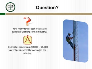 Question?
	
  
	
  
How	
  many	
  tower	
  technicians	
  are	
  
currently	
  working	
  in	
  the	
  industry?	
  
	
  
	
  
	
  	
  Es?mates	
  range	
  from	
  10,000	
  –	
  14,000	
  
tower	
  techs	
  currently	
  working	
  in	
  the	
  
industry.	
  
 