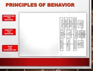 PRINCIPLES OF BEHAVIOR
UNDERSTAND
THE
BEHAVIOR
IDENTIFY
THE
BEHAVIOR
PLAN
FOR
INTERVENTION
 