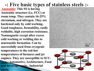 Austenitic: This SS is having
Austenitic structure (i.e. FCC) at
room temp. They contain 16-25%
chromium, and nitrogen. They are
hardened only by cold working.
Good toughness, formability, easily
weldable, high corrosion resistance.
Nonmagnetic except after excess
cold working or welding due to
martensitic formation. Can be
successfully used from cryogenic
temperatures to the red-hot
temperatures of furnaces and jet
engines. They are susceptible to SCC.
App.: Automotive, Architecture, Food
and beverage equip., Industrial
equip.
 