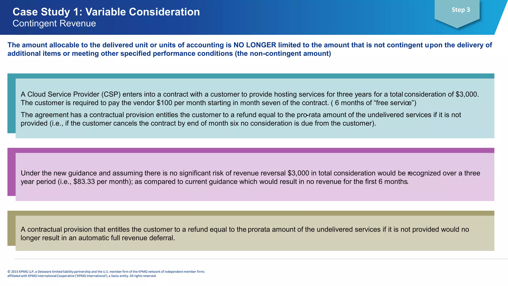 Case Study 1: Variable Consideration
Contingent Revenue
© 2015 KPMG LLP, a Delaware limitedliabilitypartnership and the U.S. member firm of the KPMG network of independent member firms
affiliatedwith KPMG InternationalCooperative ('KPMG International'), a Swiss entity. All rights reserved.
Step 3
The amount allocable to the delivered unit or units of accounting is NO LONGER limited to the amount that is not contingent upon the delivery of
additional items or meeting other specified performance conditions (the non-contingent amount)
A Cloud Service Provider (CSP) enters into a contract with a customer to provide hosting services for three years for a total consideration of $3,000.
The customer is required to pay the vendor $100 per month starting in month seven of the contract. ( 6 months of “free service”)
The agreement has a contractual provision entitles the customer to a refund equal to the pro-rata amount of the undelivered services if it is not
provided (i.e., if the customer cancels the contract by end of month six no consideration is due from the customer).
A contractual provision that entitles the customer to a refund equal to the prorata amount of the undelivered services if it is not provided would no
longer result in an automatic full revenue deferral.
Under the new guidance and assuming there is no significant risk of revenue reversal $3,000 in total consideration would be recognized over a three
year period (i.e., $83.33 per month); as compared to current guidance which would result in no revenue for the first 6 months.
 