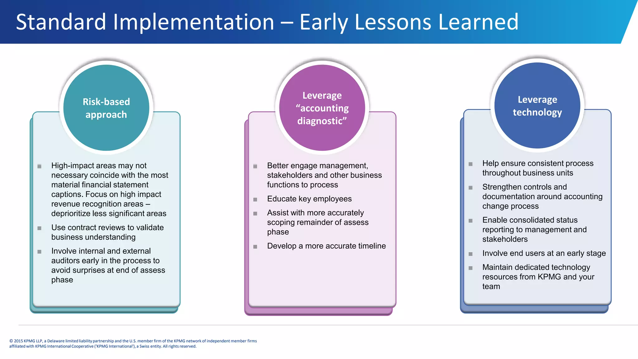 © 2015 KPMG LLP, a Delaware limitedliabilitypartnership and the U.S. member firm of the KPMG network of independent member firms
affiliatedwith KPMG InternationalCooperative ('KPMG International'), a Swiss entity. All rights reserved.
Standard Implementation – Early Lessons Learned
■ High-impact areas may not
necessary coincide with the most
material financial statement
captions. Focus on high impact
revenue recognition areas –
deprioritize less significant areas
■ Use contract reviews to validate
business understanding
■ Involve internal and external
auditors early in the process to
avoid surprises at end of assess
phase
Risk-based
approach
■ Better engage management,
stakeholders and other business
functions to process
■ Educate key employees
■ Assist with more accurately
scoping remainder of assess
phase
■ Develop a more accurate timeline
Leverage
“accounting
diagnostic”
■ Help ensure consistent process
throughout business units
■ Strengthen controls and
documentation around accounting
change process
■ Enable consolidated status
reporting to management and
stakeholders
■ Involve end users at an early stage
■ Maintain dedicated technology
resources from KPMG and your
team
Leverage
technology
 