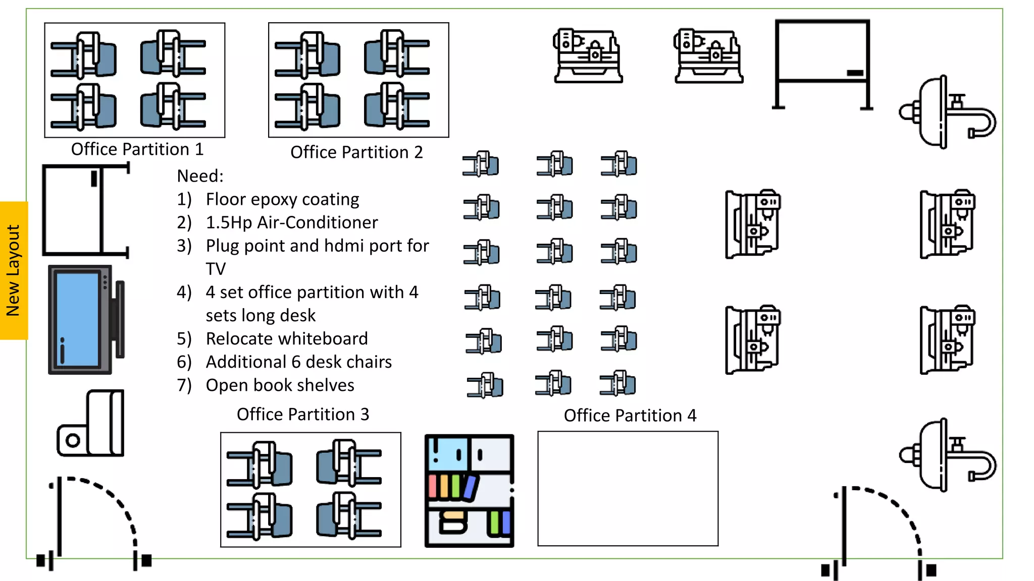 Need:
1) Floor epoxy coating
2) 1.5Hp Air-Conditioner
3) Plug point and hdmi port for
TV
4) 4 set office partition with 4
sets long desk
5) Relocate whiteboard
6) Additional 6 desk chairs
7) Open book shelves
Office Partition 1 Office Partition 2
Office Partition 3 Office Partition 4
New
Layout