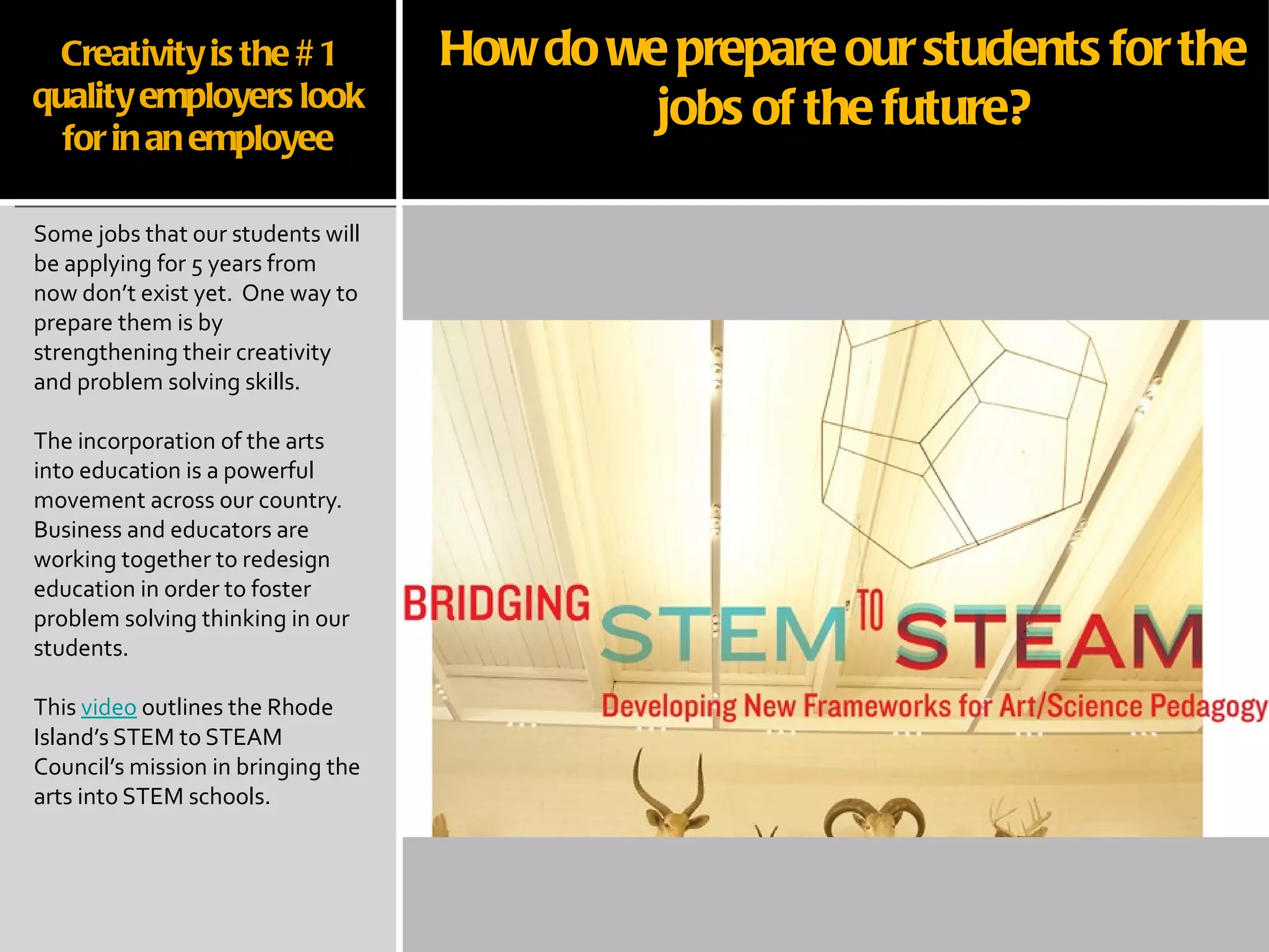 Creativity is the #1 quality employers look for in an employee Some jobs that our students will be applying for 5 years from now don’t exist yet.  One way to prepare them is by strengthening their creativity and problem solving skills. The incorporation of the arts into education is a powerful movement across our country.  Business and educators are working together to redesign education in order to foster problem solving thinking in our students. This  video  outlines the Rhode Island’s STEM to STEAM Council’s mission in bringing the arts into STEM schools. How do we prepare our students for the jobs of the future? 