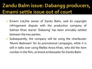 Zandu Balm issue: Dabangg producers, Emamisettle issue out of courtEmamiLtd,the owner of Zandu Balm, said its copyright infringement dispute with the production company of Salman Khan starrer ‘Dabanng’ has been amicably settled between the two parties.Subsequently, the company will be using the chartbuster ‘MunniBadnaam’ for its promotional campaigns, while it is still in talks over using MalikaArora Khan, who did the item number in the film, as brand ambassador for Zandu Balm
