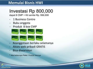 Memulai Bisnis HWI

Investasi Rp 800,000
dapat 8 CMP + Kit senilai Rp. 956,000
- 1 Business Centre
- Buku anggota
- Produk 8 box CMP




- Keanggotaan berlaku selamanya
- Akses web pribadi GRATIS
- Bisa diwariskan
* Ada beberapa Paket Produk lainnya
 