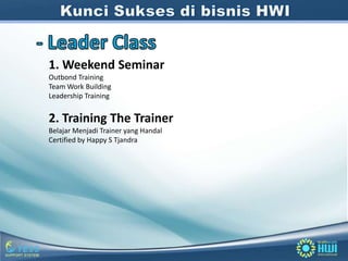 1. Weekend Seminar
Outbond Training
Team Work Building
Leadership Training


2. Training The Trainer
Belajar Menjadi Trainer yang Handal
Certified by Happy S Tjandra
 