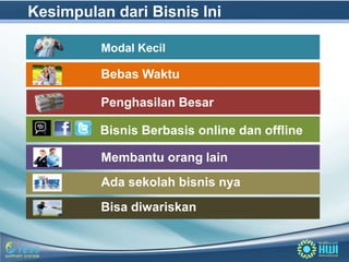 Kesimpulan dari Bisnis Ini

         Modal Kecil

         Bebas Waktu

         Penghasilan Besar

         Bisnis Berbasis online dan offline

         Membantu orang lain
         Ada sekolah bisnis nya
         Bisa diwariskan
 
