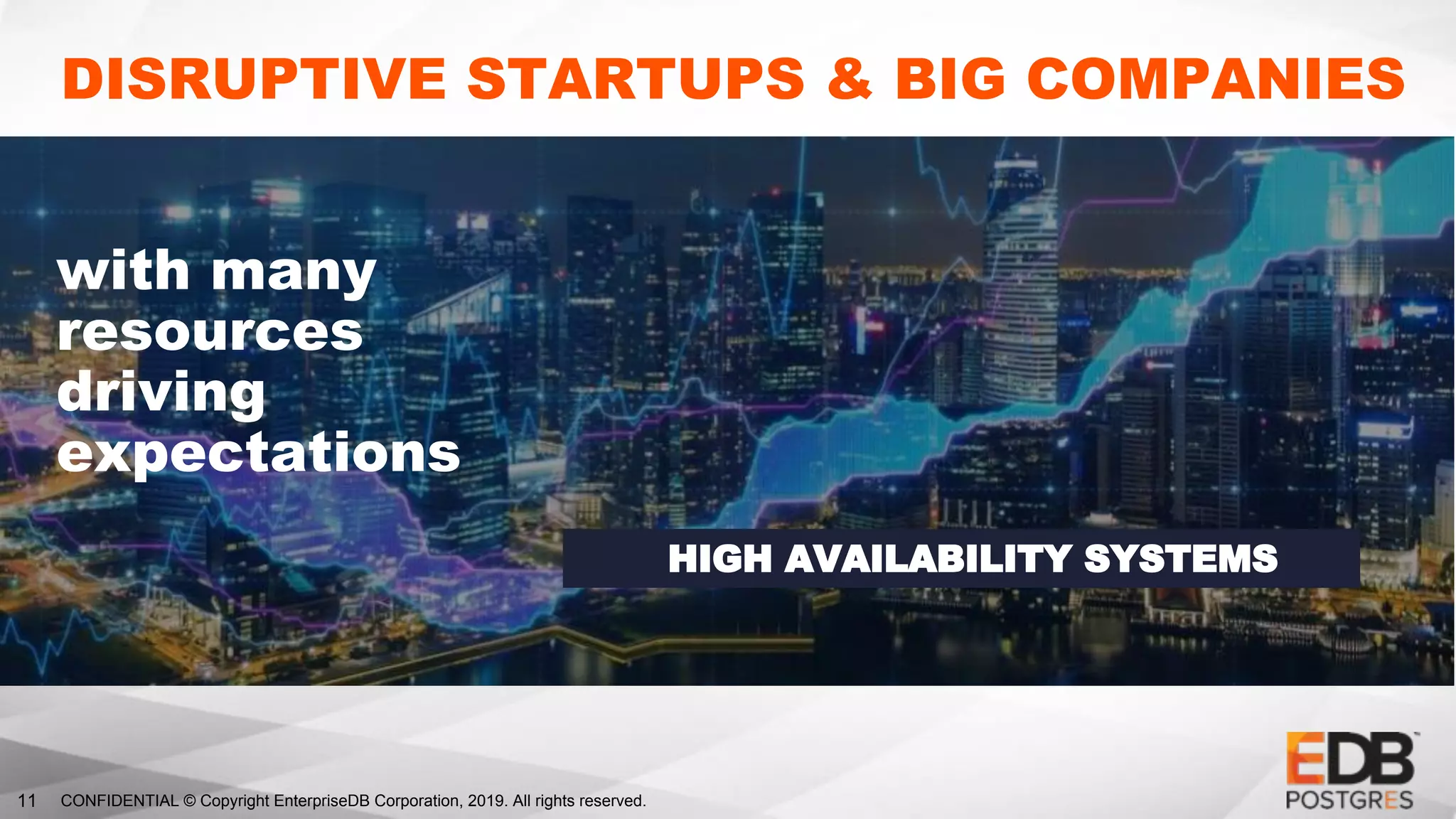 CONFIDENTIAL © Copyright EnterpriseDB Corporation, 2019. All rights reserved.11
DISRUPTIVE STARTUPS & BIG COMPANIES
with many
resources
driving
expectations
HIGH AVAILABILITY SYSTEMS
 