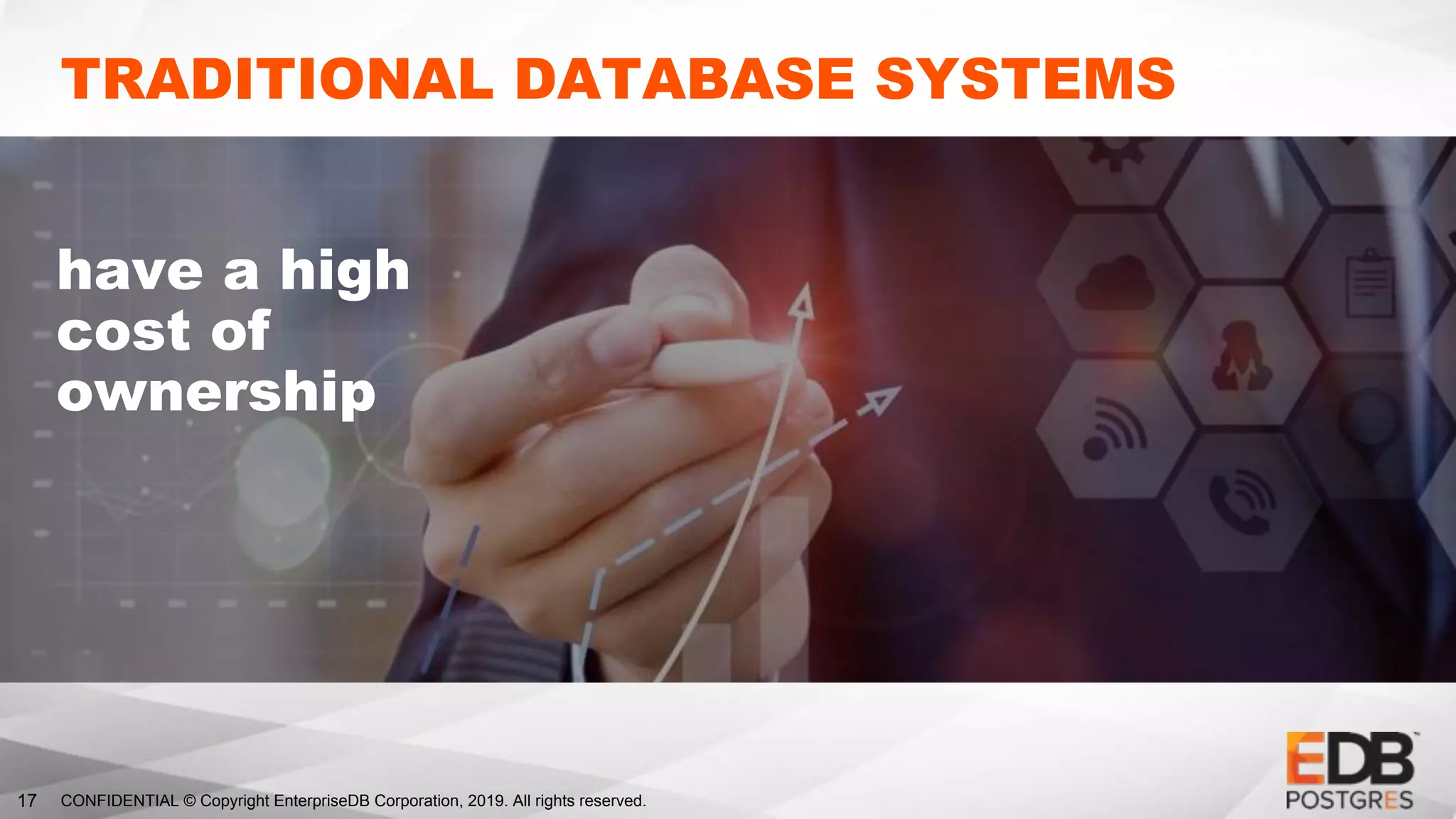 CONFIDENTIAL © Copyright EnterpriseDB Corporation, 2019. All rights reserved.17
TRADITIONAL DATABASE SYSTEMS
have a high
cost of
ownership
 