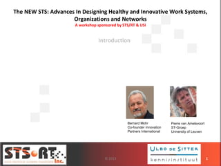 The NEW STS: Advances In Designing Healthy and Innovative Work Systems,
Organizations and Networks
A workshop sponsored by STS/RT & USI
Introduction
1© 2013
Pierre van Amelsvoort
ST-Groep
University of Leuven
Bernard Mohr
Co-founder Innovation
Partners International
 
