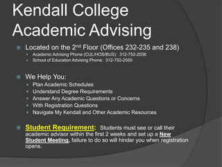 Kendall College
Academic Advising
   Located on the 2nd Floor (Offices 232-235 and 238)
       Academic Advising Phone (CUL/HOS/BUS): 312-752-2036
       School of Education Advising Phone: 312-752-2550



   We Help You:
       Plan Academic Schedules
       Understand Degree Requirements
       Answer Any Academic Questions or Concerns
       With Registration Questions
       Navigate My Kendall and Other Academic Resources

   Student Requirement: Students must see or call their
    academic advisor within the first 2 weeks and set up a New
    Student Meeting, failure to do so will hinder you when registration
    opens.
 