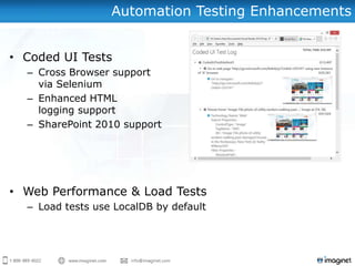 Automation Testing Enhancements


• Coded UI Tests
  – Cross Browser support
    via Selenium
  – Enhanced HTML
    logging support
  – SharePoint 2010 support




• Web Performance & Load Tests
  – Load tests use LocalDB by default
 
