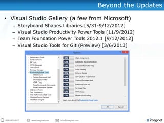Beyond the Updates

• Visual Studio Gallery (a few from Microsoft)
  –   Storyboard Shapes Libraries [5/31-9/12/2012]
  –   Visual Studio Productivity Power Tools [11/9/2012]
  –   Team Foundation Power Tools 2012.1 [9/12/2012]
  –   Visual Studio Tools for Git (Preview) [3/6/2013]
 