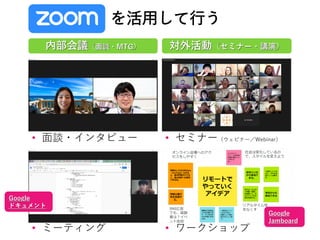 を活用して行う
内部会議（面談・MTG）
• 面談・インタビュー
• ミーティング
対外活動（セミナー・講演）
• セミナー（ウェビナー／Webinar）
• ワークショップ
Google
Jamboard
Google
ドキュメント
 