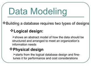 Data Modeling
Building a database requires two types of designs

    Logical design:
     shows an abstract model of how the data should be
     structured and arranged to meet an organization’s
     information needs
   Physical design
      starts from the logical database design and fine-
      tunes it for performance and cost considerations
 