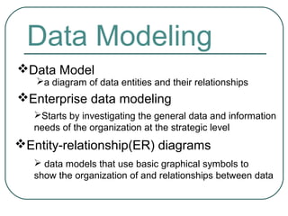 Data Modeling
Data Model
   a diagram of data entities and their relationships
Enterprise data modeling
   Starts by investigating the general data and information
   needs of the organization at the strategic level
Entity-relationship(ER) diagrams
    data models that use basic graphical symbols to
   show the organization of and relationships between data
 
