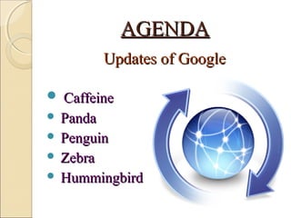 AGENDAAGENDA
Updates of GoogleUpdates of Google
 CaffeineCaffeine
 PandaPanda
 PenguinPenguin
 ZebraZebra
 HummingbirdHummingbird
 