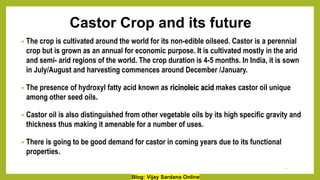Castor Crop and its future
• The crop is cultivated around the world for its non-edible oilseed. Castor is a perennial
cro...