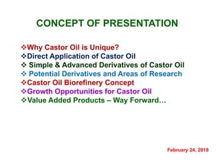 CONCEPT OF PRESENTATION
❖Why Castor Oil is Unique?
❖Direct Application of Castor Oil
❖ Simple & Advanced Derivatives of Ca...