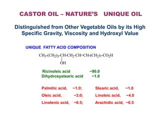 CASTOR OIL – NATURE’S UNIQUE OIL
UNIQUE FATTY ACID COMPOSITION
Ricinoleic acid ~90.0
Dihydroxystearic acid ~1.0
Palmitic a...