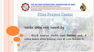 પાઇલોટ પ્રોજેક્ટ કરવા પાછડનો હેતુ
એરંડાની ઉત્પાદકતા વધારીને ૫૦૦૦ કકલો/હેક્ટર કરવી, જે
વતતમાન સમયમાં સરેરાશ ઉત્પાદકતા ૧૫૦૦ ...